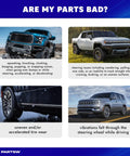Image illustrating common car issues like squeaking, steering imbalance, tire wear, and vibrations questioning if parts are faulty.