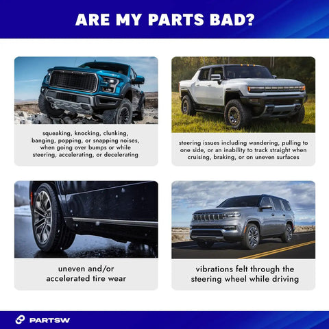 Images illustrating signs of bad car parts, including uneven tire wear, steering issues, and vibrations while driving.