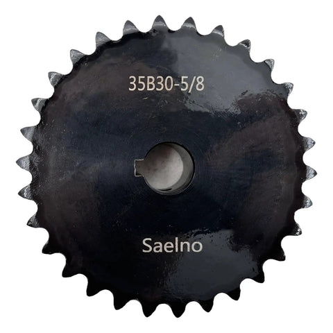 Front view of Beefed Up ANSI 35 Roller Chain Sprocket Type B Five Eighth Inch Bore Thirty Teeth Hardened 1045 Carbon Steel Drive Sprocket