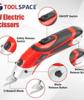 Totally Rad Toolspace Cordless Electric Scissors With Dual Blades For Cutting Cardboard And Fabric Featuring 4V Lithium-Ion Battery, Lightweight Design, Fast Charging, And Easy Carry Portability To Boost Your Crafting Game close-up of the on/off switch, safety release, and blade release buttons.