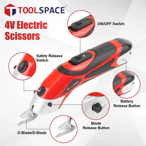 Totally Rad Toolspace Cordless Electric Scissors With Dual Blades For Cutting Cardboard And Fabric Featuring 4V Lithium-Ion Battery, Lightweight Design, Fast Charging, And Easy Carry Portability To Boost Your Crafting Game close-up of the on/off switch, safety release, and blade release buttons.