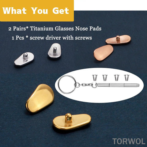 Premium Screw On Titanium Glasses Nose Pads No Sweat Anti Slip Bridge Piece That Absolutely Stays Put Ergonomic Shape keeps frames snug, two pairs with screwdriver.