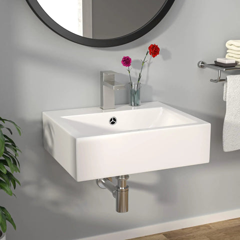 Floating Wall Mount Vessel Sink 21x16 White Porcelain Ceramic Basin With Overflow Rectangular Wall Hung Lavatory Sink For Modern Bathrooms