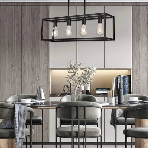 Black Four Light Kitchen Island Pendant Chandelier Fixture installed above dining table in modern kitchen