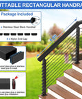 Top Shelf Six Foot Six Inch Stainless Steel Rectangular Handrail Cuttable Cable Railing System Black Flat Top Rail With Nylon End Caps For Indoor Outdoor Deck And Stairs No Sweat Install showing included components and dimensions.