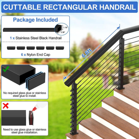 Top Shelf Six Foot Six Inch Stainless Steel Rectangular Handrail Cuttable Cable Railing System Black Flat Top Rail With Nylon End Caps For Indoor Outdoor Deck And Stairs No Sweat Install showing included components and dimensions.