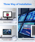 7 To 12 Inch CCTV Security Monitor Screen Black High Definition Display For Live Surveillance And Plug And Play Setup With Slick Viewing For Home And Office DVR Systems showcasing three installation methods: desktop, wall-mounted, and recessed.