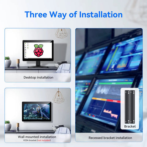 7 To 12 Inch CCTV Security Monitor Screen Black High Definition Display For Live Surveillance And Plug And Play Setup With Slick Viewing For Home And Office DVR Systems showcasing three installation methods: desktop, wall-mounted, and recessed.