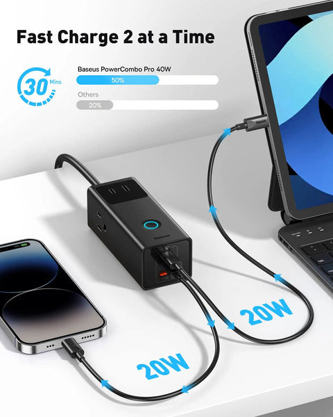 PD 40W USB C Charging Hub With 3 AC Outlets And 2 USB C Ports And 1 USB A Port charging a phone and laptop simultaneously.