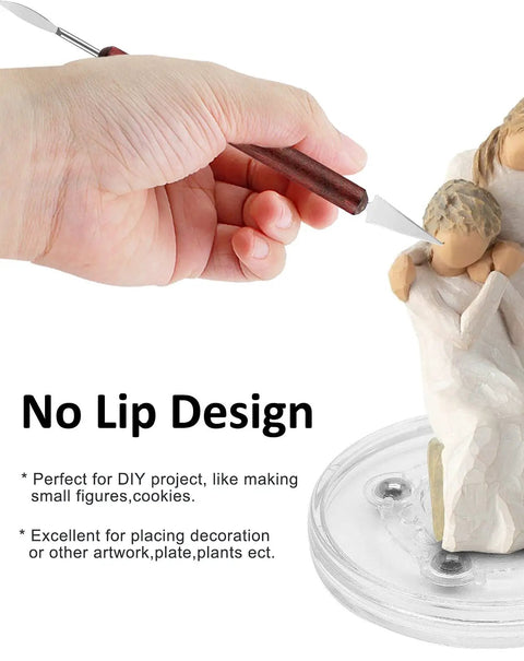 Hand holding a sculpting tool over decor on a clear Must-Have 8 Inch Acrylic Turntable Organizer With 360 Degree Rotation