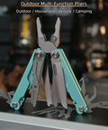 20 In 1 EDC Multi Tool Pliers with spring loaded head, screwdriver bits, safety scissors, serrated saw, straight blade in blue.