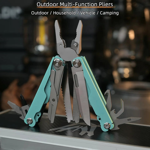 20 In 1 EDC Multi Tool Pliers with spring loaded head, screwdriver bits, safety scissors, serrated saw, straight blade in blue.