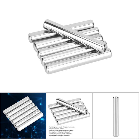 Stainless Steel D Shaft Axles 40mm By 6mm Set Of 6 Ground Steel Shafts with anti-slip fit and cuttable length displayed on white background
