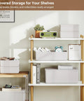 Kickass Plastic Storage Bins With Lids Full Set decorative boxes on shelf, ivory heavy-duty bins organizing books and collectibles.
