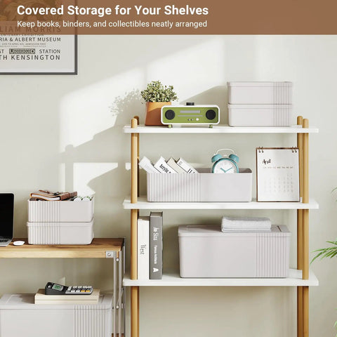Kickass Plastic Storage Bins With Lids Full Set decorative boxes on shelf, ivory heavy-duty bins organizing books and collectibles.