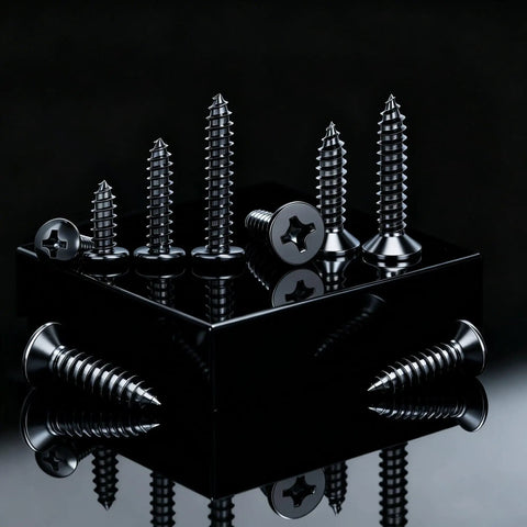 Heavy Duty 288 Piece Black Wood And Sheet Metal Screws Kit, Phillips pan and flat heads displayed on a black surface