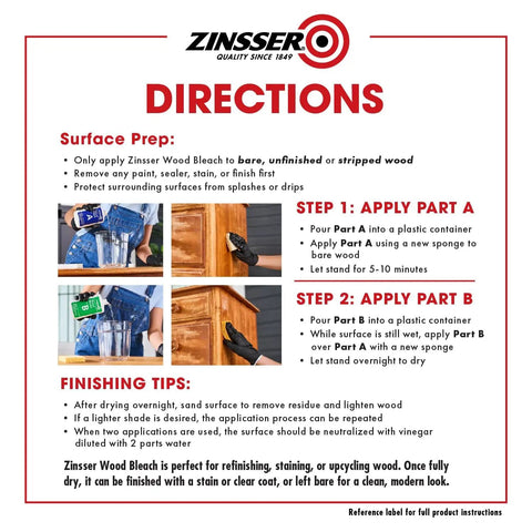 Game Changing Two Step Wood Bleach Kit For Interior Wood to Brighten Lighten Stripped Surfaces with application instructions on a label.