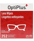OptiPlus Lens Wipes box, 252-count pre-moistened cleaning wipes for glasses and screens, red and white package
