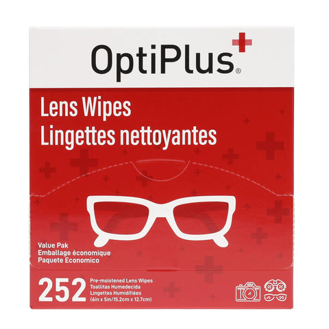 OptiPlus Lens Wipes box, 252-count pre-moistened cleaning wipes for glasses and screens, red and white package