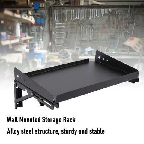 No Fuss Heavy Duty Fold Down Garage Wall Shelf Built Hella Sturdy With Alloy Steel To Grip Power Tools and Gear Up To Two Hundred Pounds in garage
