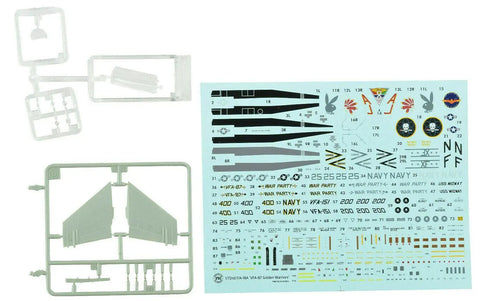 FA18 VFA 87 Golden Warriors 1 To 72 Scale Plastic Model Airplane Kit With Highly Detailed Parts And Quality Decals For Hobbyists And Collectors Requires Paint And Glue To Complete Display Ready viewed from top showing parts and decals