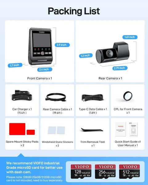 Packing list for A229 Ultra Dual 4K Dash Cam Front And Rear With 2 Channel 4K HDR, STARVIS 2 IMX678 Sensors, accessories included.