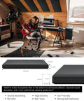Young man playing guitar with Top Shelf 4 Pack Acoustic Panels 2.4 Inch Thick Fiberglass Soundproof Wall Panels in black.