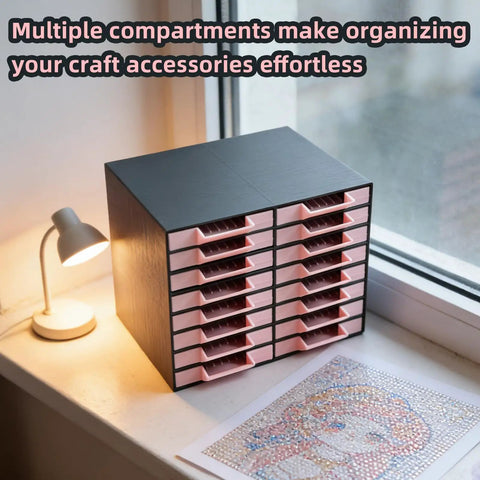 All-In-One 16-Drawer Diamond Art Tray Organizer Rack For Diamond Painting Supplies on a windowsill with a lamp nearby