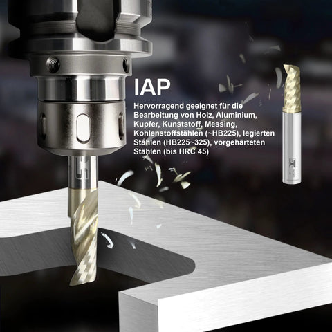 Front view of a solid carbide CNC end mill, 1/4 in dia, 2 in OAL, single flute, cutting aluminum.