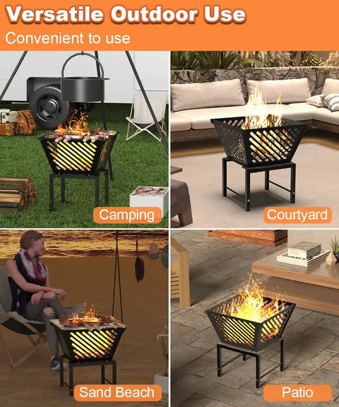 Portable 17 Inch Outdoor Fire Pit With Storage Bag For Camping and Patio, showcasing 360 Degree Airflow on elevated 9.5 Inch Legs.