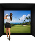 Indoor Golf Simulator Enclosure With Impact Screen For Home Or Garage, golfer practicing swing inside easy setup golf cage
