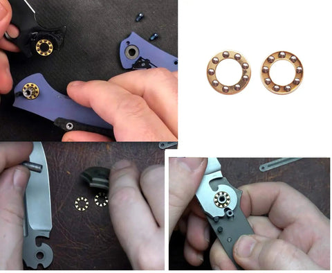 Pocket Folding Knife Pivot Pin Flat Washers 4.3mm Replacement Gasket Set With Brass Spacer And Stainless Steel Ball Beads 1.1mm Thick Gasket 1.588mm Ball Diameter For Smooth Snappy EDC Action installed on folding knife pivot