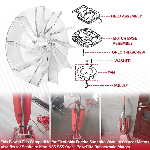 Plastic Impeller Motor Fan Replacement For Eureka Sanitaire 12988 Vacuum Cleaners, 6 Pack, detailed diagram and installation view