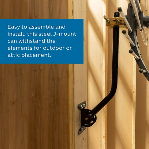Universal Steel J Mount TV Antenna Bracket For Attic Or Outdoor Roof Wall Install with attached antenna inside attic