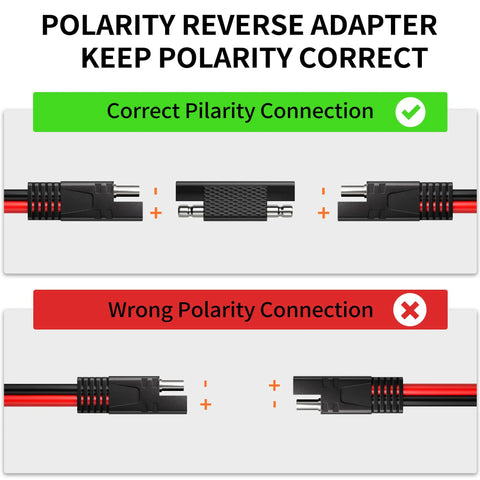 Polarity reverse adapter connection comparison showing correct and wrong wiring for safety with Straight Up Heavy Duty Sae Extension Cable 12 Foot.
