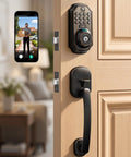 Heavy Duty WiFi Video Smart Lock With Handle, 5 In 1 Keyless Entry System featuring a touchpad and camera view on a wooden door.