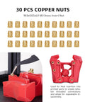 30 copper brass inserts and a red holder, used with Vertical Heat Set Insert Press Tool With 90W Soldering Iron For 3D Printing.