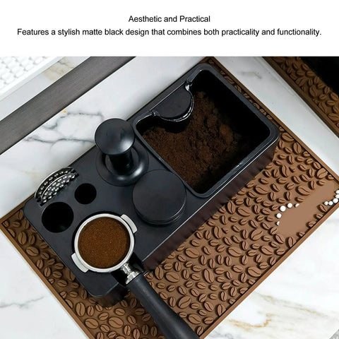 Matte Black Coffee Tamping Station With Knock Box Powder Organizer For Espresso Prep showing coffee grounds and portafilter.