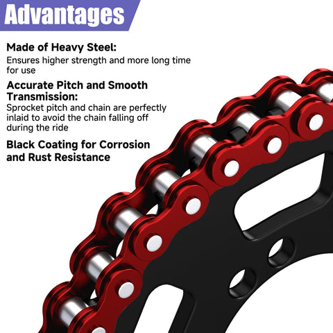 Close-up of text highlighting features of 60 Tooth Sprocket 420 Mini Bike Chain Kit Replacement for various models.