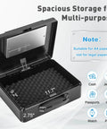 Heavy Duty Steel Safe Box With Digital Keypad Lock For Personal Items And Travel Security, Portable Metal Box open showing interior foam padding, dimensions visible.
