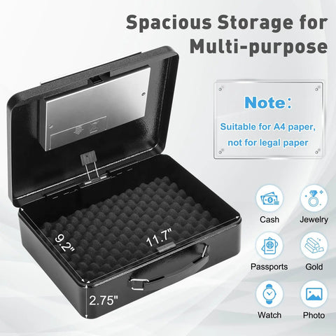 Heavy Duty Steel Safe Box With Digital Keypad Lock For Personal Items And Travel Security, Portable Metal Box open showing interior foam padding, dimensions visible.