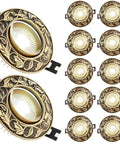 Slick 12 Pack 7W LED Dimmable Recessed Ceiling Lights With Vintage Brass Grille Finish featuring intricate design and glowing warmth.
