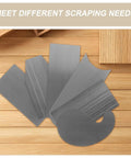 Tough As Nails Steel Cabinet Scraper Tool Kit with two precision card scrapers laid on wood, showcasing different scraper shapes.