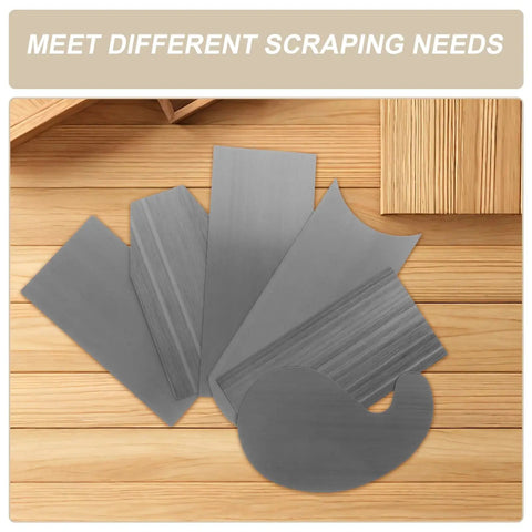 Tough As Nails Steel Cabinet Scraper Tool Kit with two precision card scrapers laid on wood, showcasing different scraper shapes.