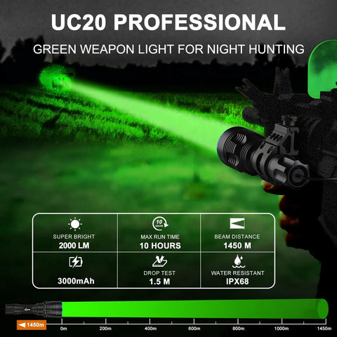Image of UC20 Green Hunting Light Flashlight Kit With 2000 Lumens And 1586 Yard Reach Green LED Weapon Light Picatinny Mount