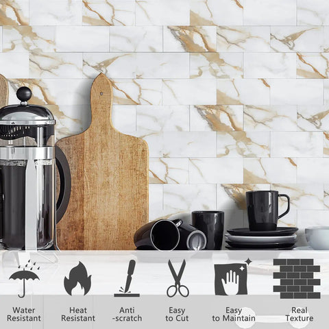 Calacatta Gold Marble Peel And Stick Backsplash Tiles in kitchen setup with cutting board and coffee maker nearby, showing tile durability features.
