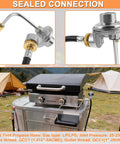 Propane Adapter Hose And Regulator Conversion Kit 1Lb To 20Lb for Griddles, installed on Blackstone 17in Griddle