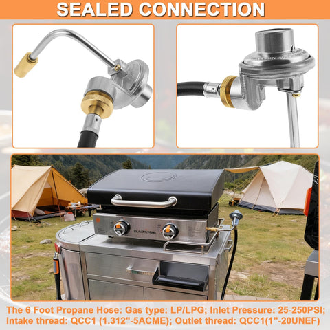 Propane Adapter Hose And Regulator Conversion Kit 1Lb To 20Lb for Griddles, installed on Blackstone 17in Griddle