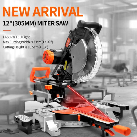 12 Inch Sliding Compound Dual Bevel Miter Saw With Laser Guide And LED Light Extension Table 15 Amp Power Beefy Cutting Capacity Includes 40T And 120T TCT Blades For Precise Smooth Cuts in workshop
