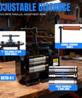 Manual Jewelry Rolling Mill Machine With 90mm Flat Rollers And 4 To 1 Gear Ratio For DIY Jewelry Making And Metalworking, showing manual crank handle and gear ratio labels, 0.1-4mm adjustable thickness.
